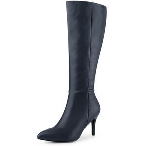 High Heels Pointed Stiletto Heel Knee High Boots Navy Blue